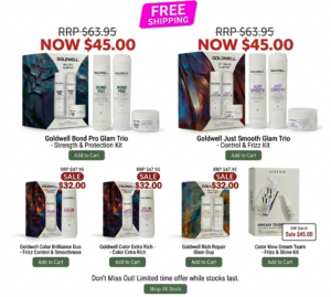 Goldwell haircare sale featuring Bond Pro Glam Trio and Just Smooth Glam Trio kits for $45 with free shipping